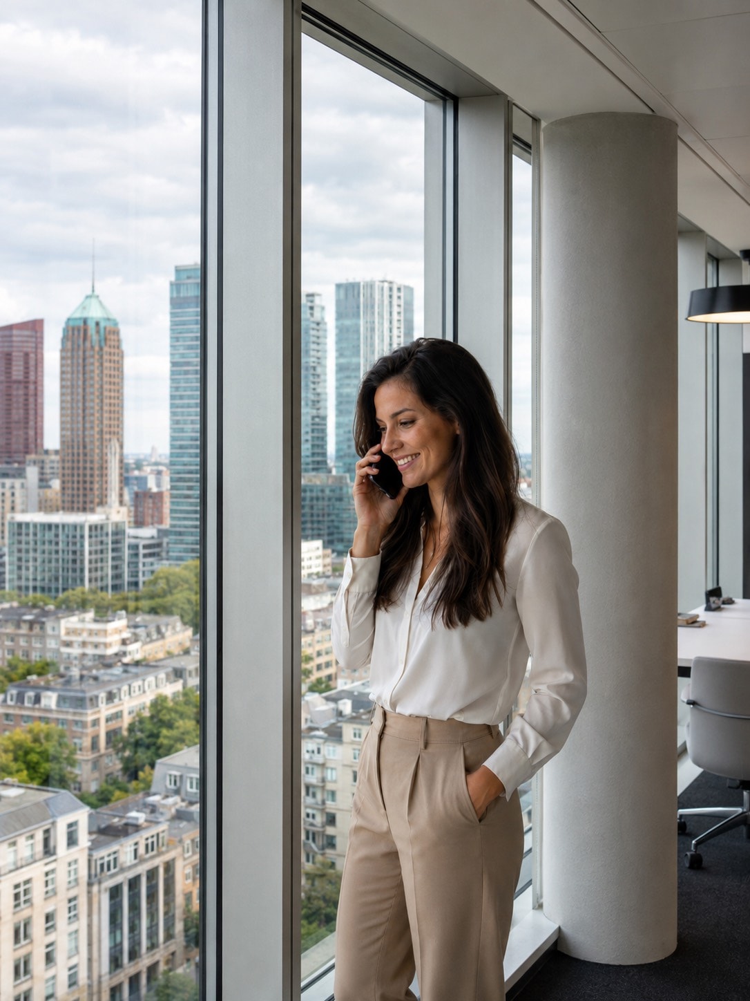 Een casemanager schakelt telefonisch, met de Haagse skyline op de achtergrond