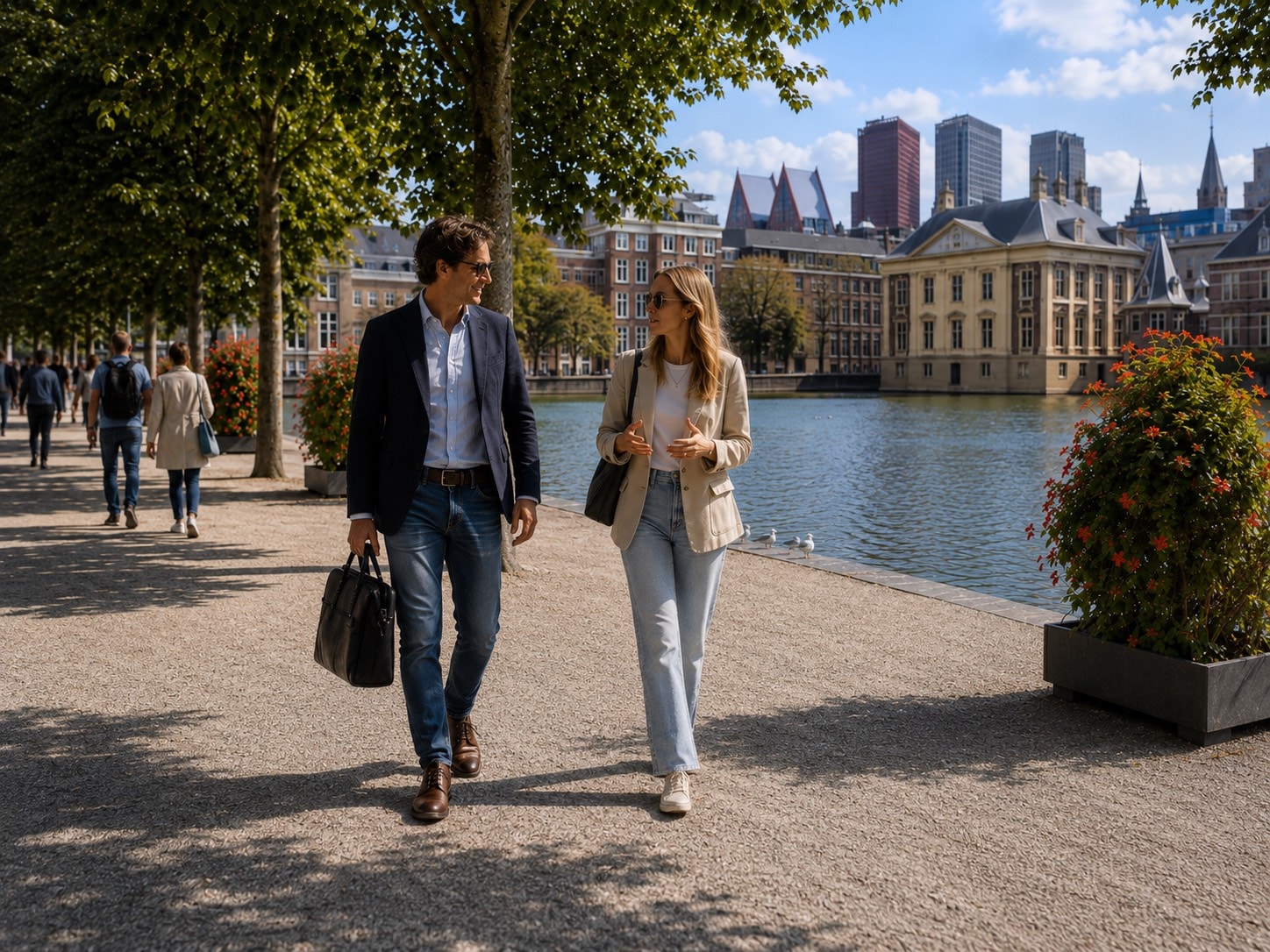 Twee professionals in gesprek langs de Hofvijver in Den Haag, met het Mauritshuis op de achtergrond